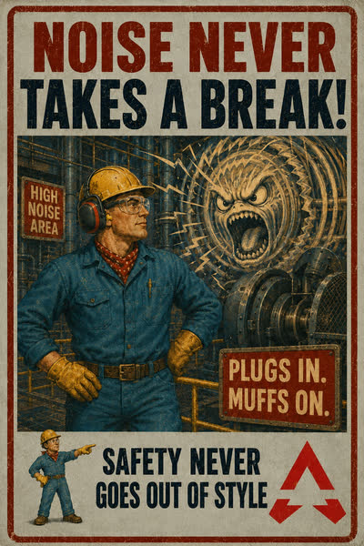Hearing Protection poster: Noise Never Takes a Break! Plugs in. Muffs on.