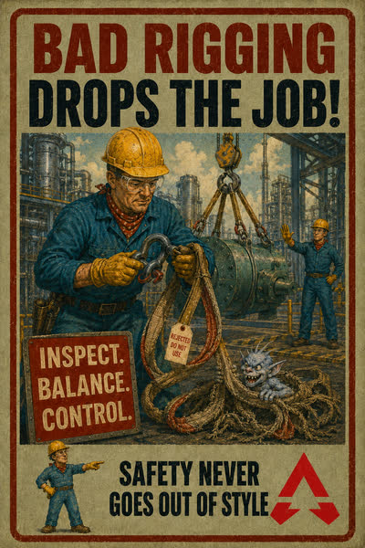 Lifting & Rigging poster: Bad Rigging Drops the Job! Inspect. Balance. Control.