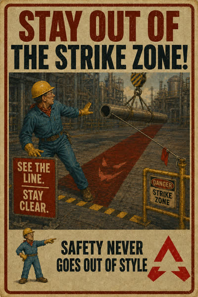 Line of Fire poster: Stay Out of the Strike Zone! See the line. Stay clear.