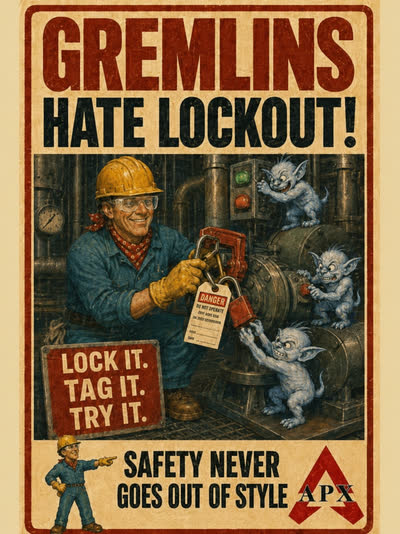 Lockout / Tagout poster: Gremlins Hate Lockout! Lock it. Tag it. Try it.