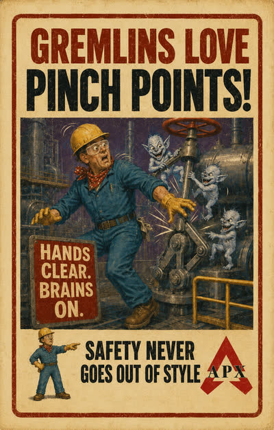 Pinch Points poster: Gremlins Love Pinch Points! Hands clear. Brains on.